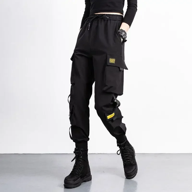 Women's Streetwear Black Multi-pocket Fashion Cargo Pants Cotton Elastic Waist Casual Hip-hop Dance Joggers Tactical Trousers