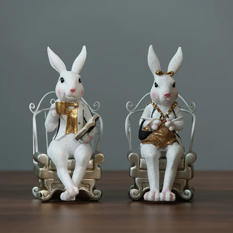 Nordic Chair Couple Rabbits Creative Resin Decoration Home Bookcase Desktop Bunny Ornament