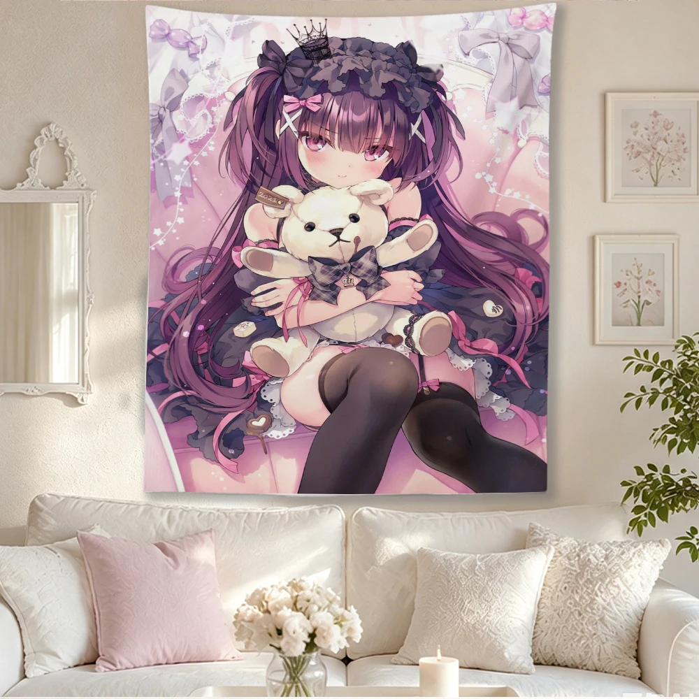 Sweet Gothic Lolita Anime Girl Long Purple Twin Tails Small Crown Holding Plush Teddy Bear Pink Bow Candy Background Tapestry Te