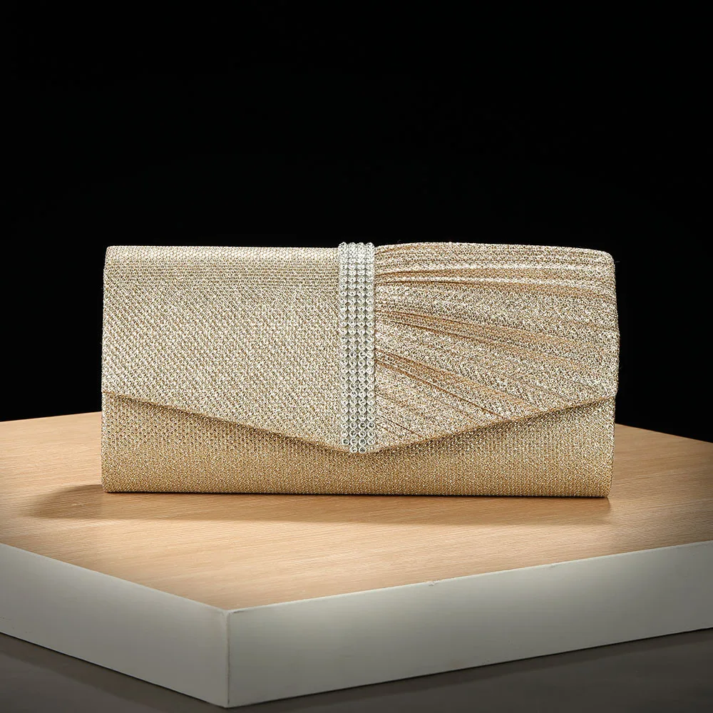 Neues, goldbesticktes, plissiertes Abendtaschenset mit Diamanten, vielseitig einsetzbar für Hochzeitsbankette und Partys, als Handtaschen-Accessoire. – Detail 1