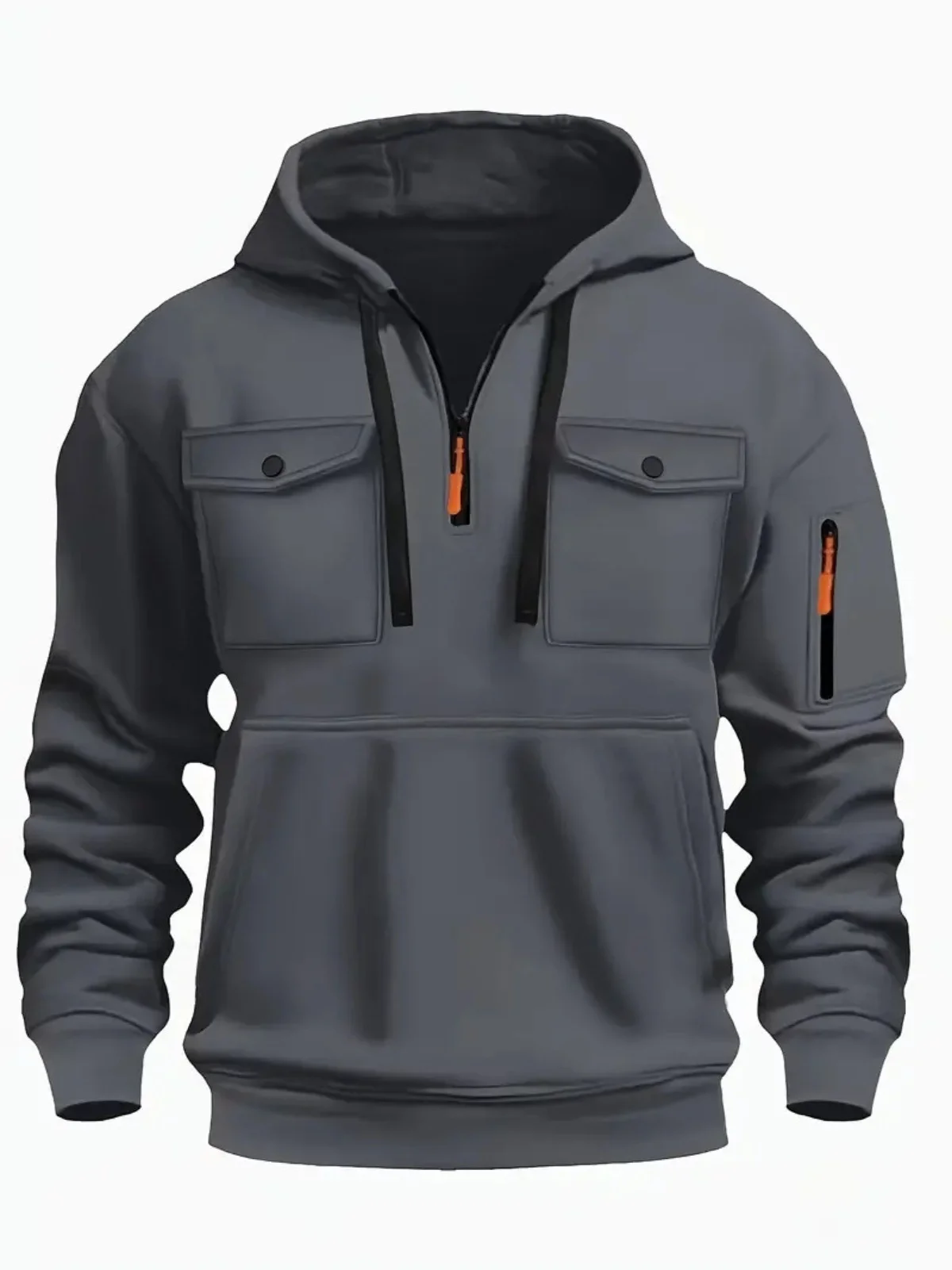 Men's new winter casual hoodie - stylish multi-pocket plain-color zipper pullover hooded sweatshirt