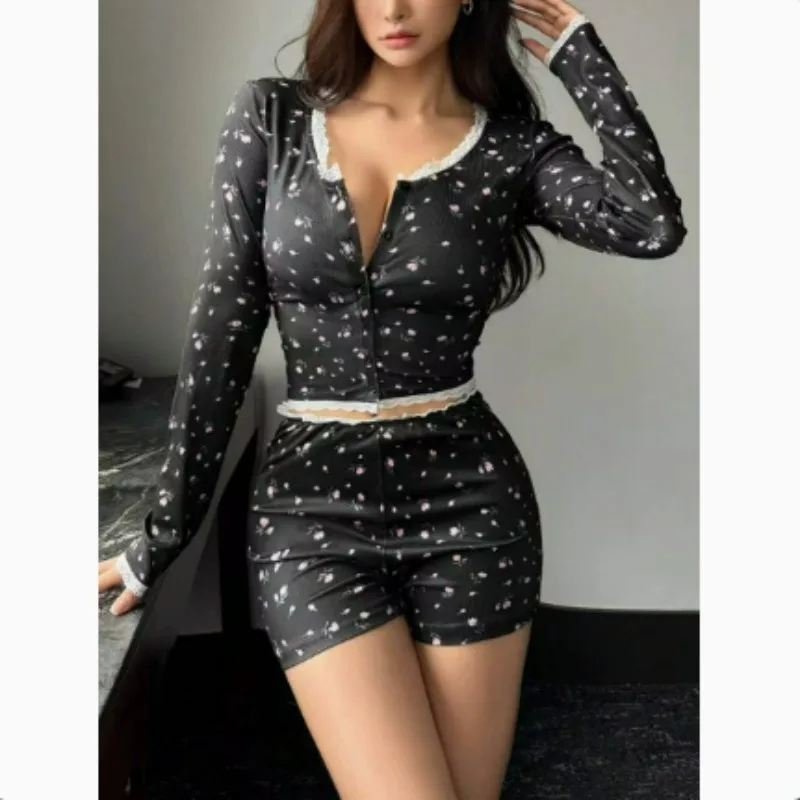 Cross-border Floral Print Set Low-cut Round-neck Tight Long-sleeved Top and Shorts Women's European American Home Wear Comfort