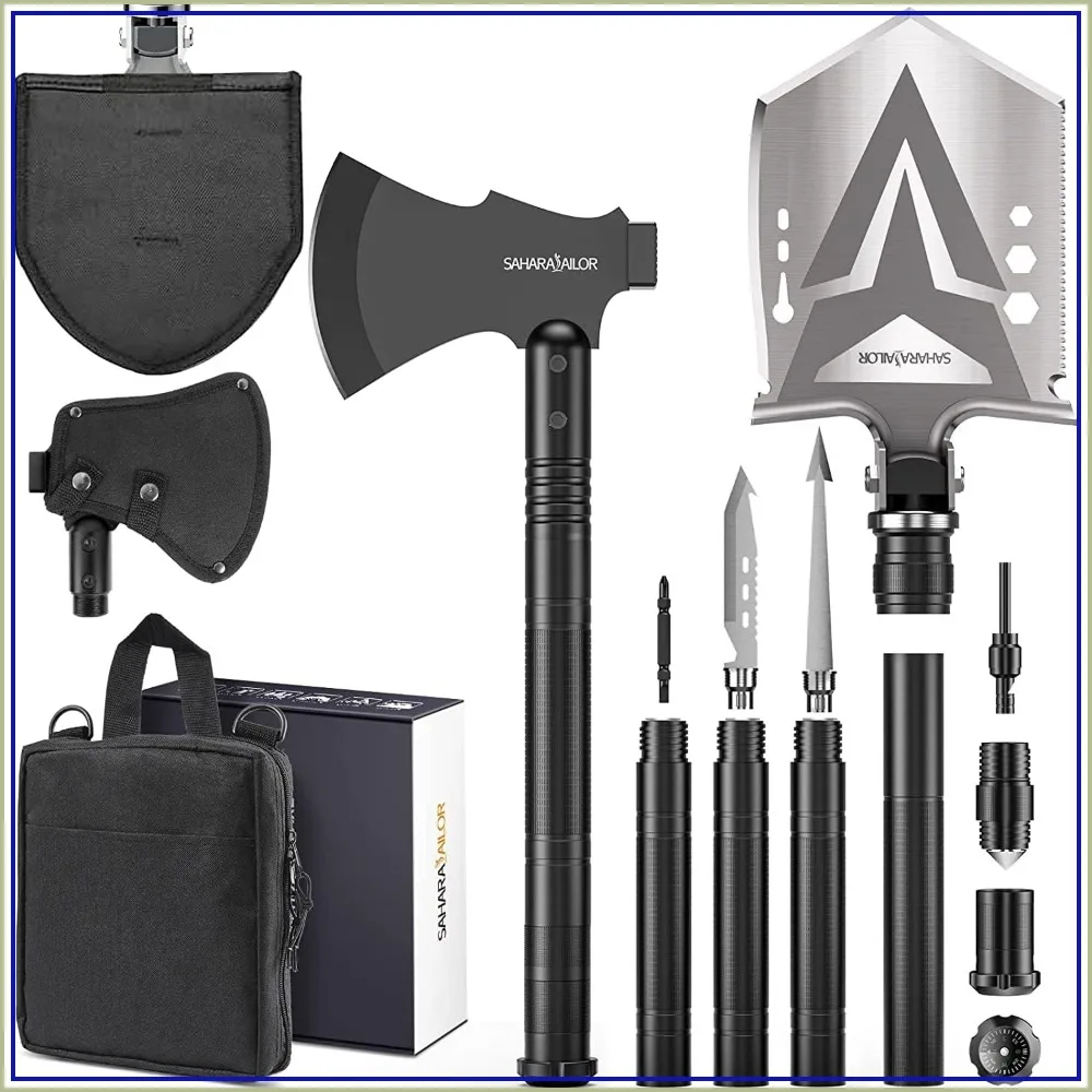 

Survival Axe, Camping Folding Shovel with Hatchet, Large Shovel Head, 1.6-3.1 Ft Extendable Handle, High Carbon Steel, Storage Bag