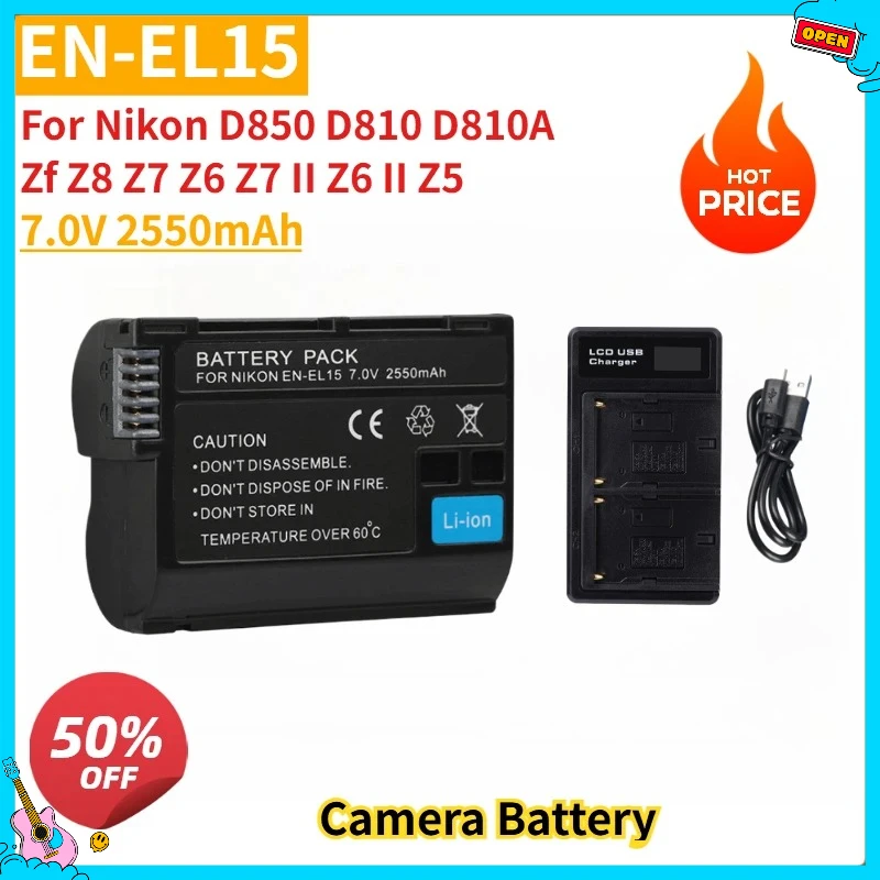

New Replacement Camera Battery EN-EL15C EN-EL15 7.0V 2550mAh with charger for Nikon D850 D810 D810A Zf Z8 Z7 Z6 Z7 II Z6 II Z5