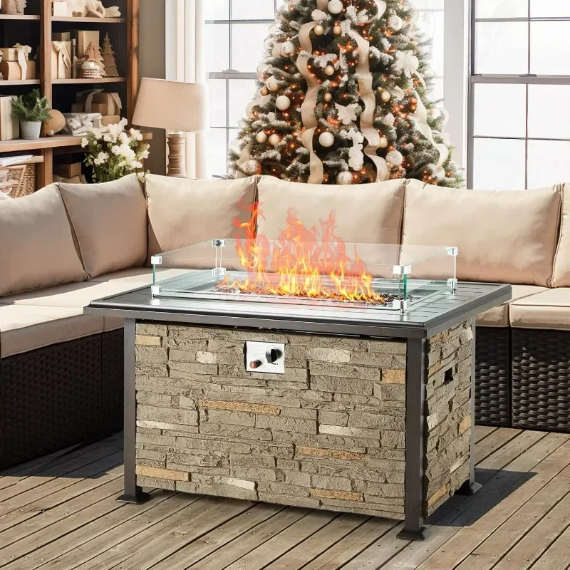 

44 Inch Aluminum Propane Fire Pit Table W/Faux Ledgestone, Hand-Painted Table Top, 50,000 BTU Fire Table, Wind Guard, Waterproof