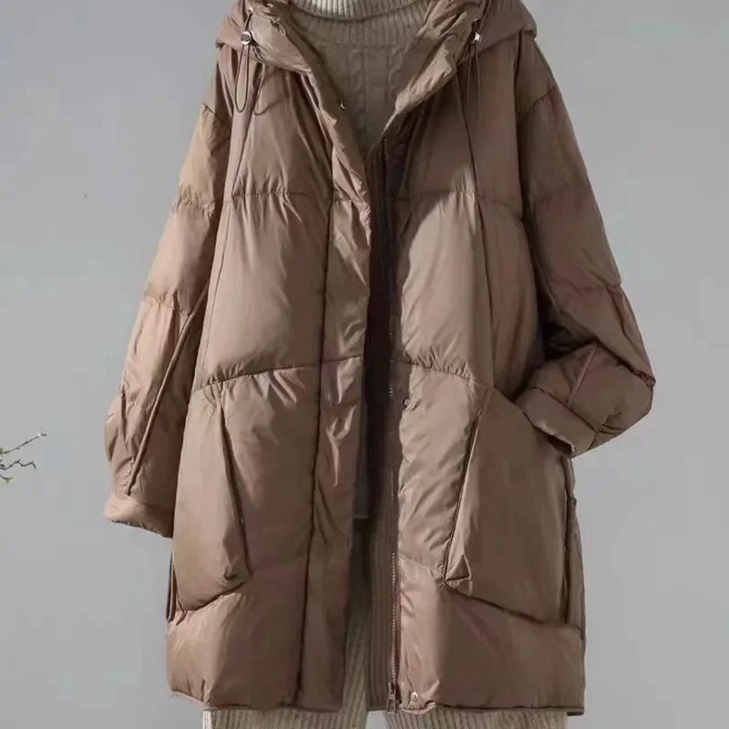 Autumn Winter Femme Medium Length Down Cotton Coat 2025 Women Long Sleeves Parkas Tops Retro Ladies Hooded Cotton Padded Jacket