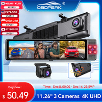 OBDPEAK 3 Camera Dash Cam 4K Car DVR Front Inside Rear 1080P GPS Tracking Night Vision Video Registrator Dashcam Parking Monitor
