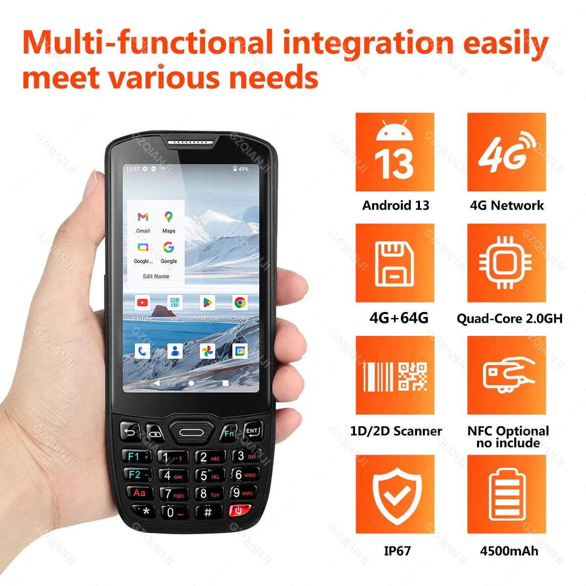 Android 13 PDA 4G+64G Qualcomm Processor CPU 1D 2D Barcode Scanner Reader NFC IP67 Rugged Data Collector Terminal PDA GZQIANJI