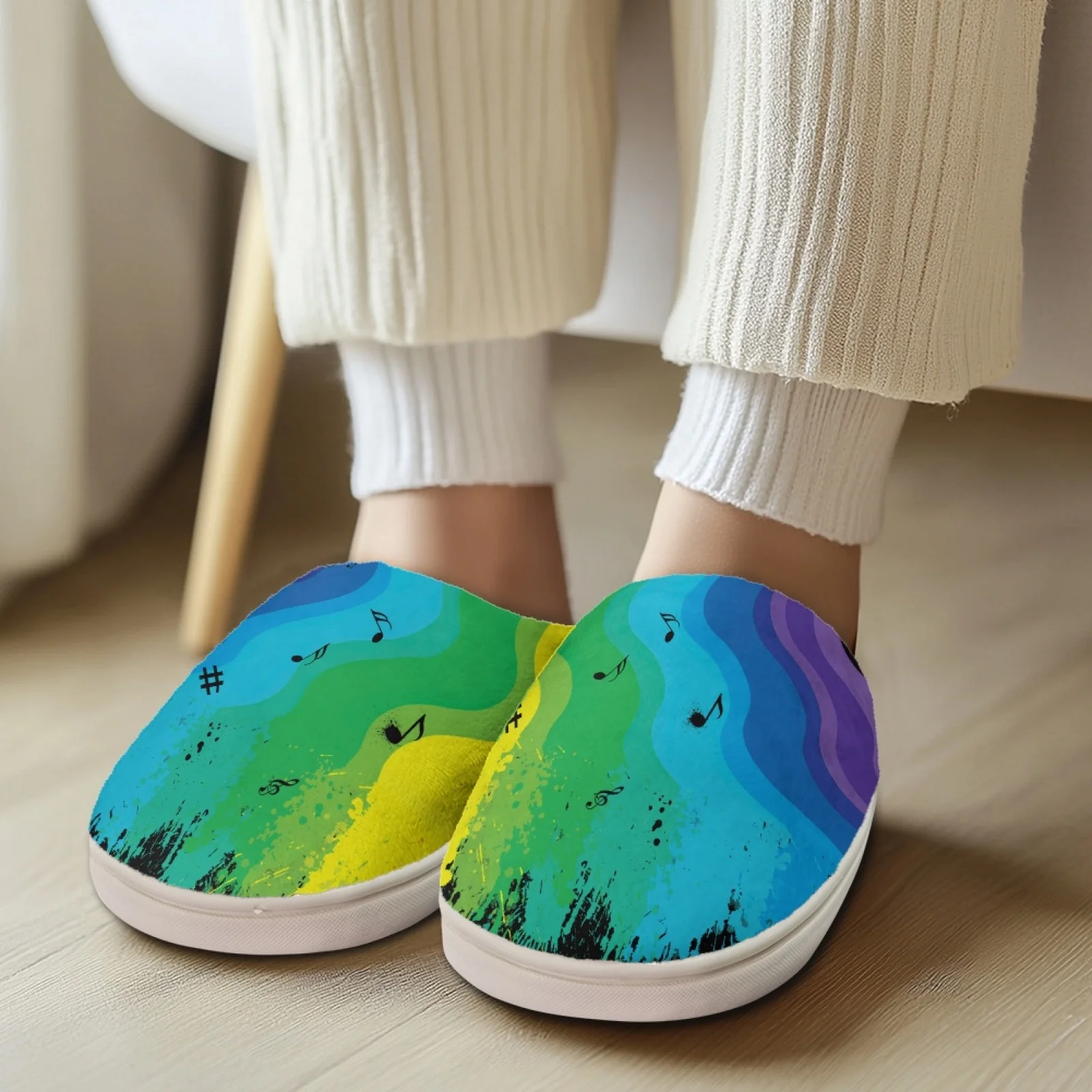 PENSTROLL Rainbow Music Non Slip Soft Indoor House Slippers Heavy Duty Warm Indoor Slippers Wfh Cozy Essentials Slippers