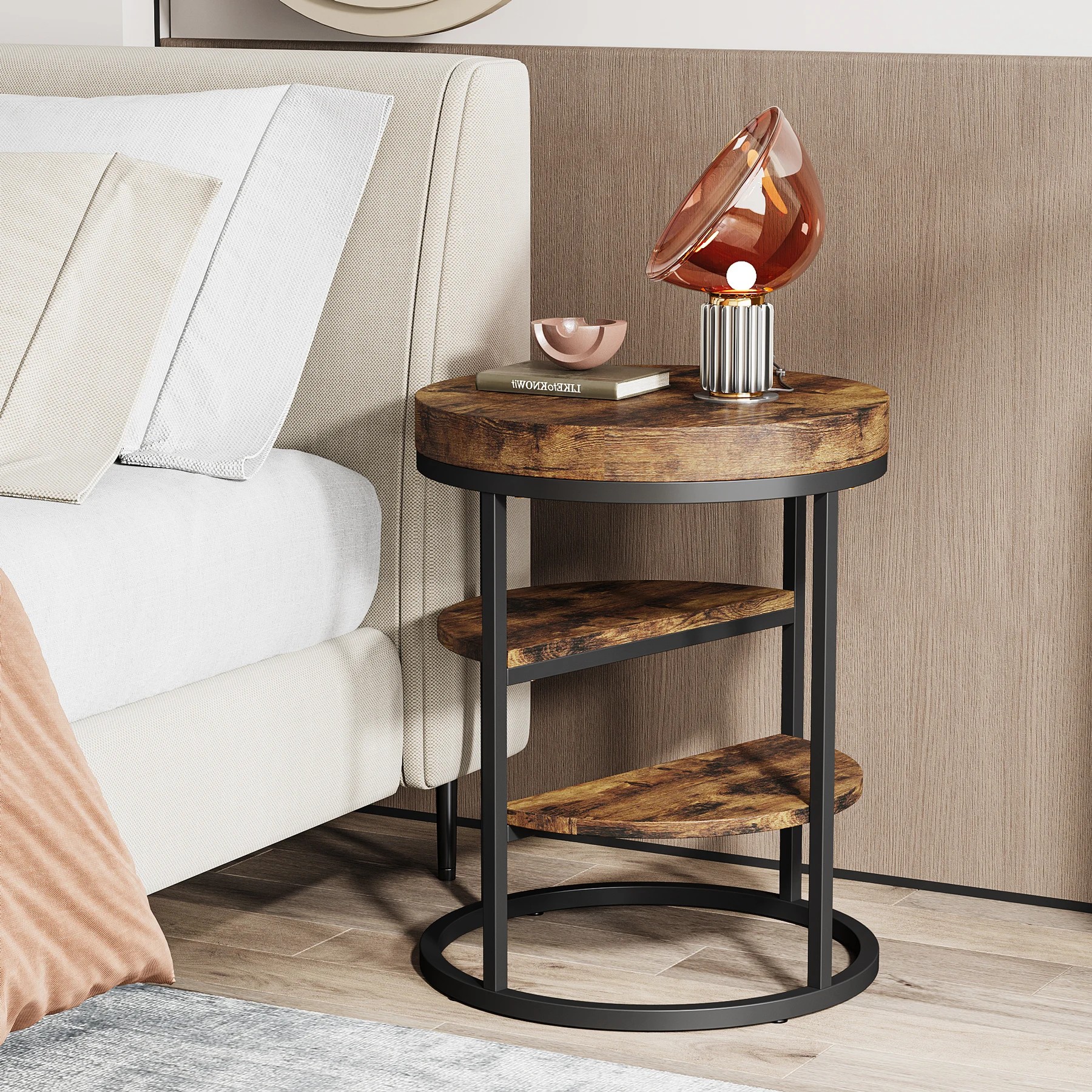 Tribesigns Round End Table, Small End Table with 3 Storage Shelves, Wood Side Table for Small Spaces, Industrial Sofa Table