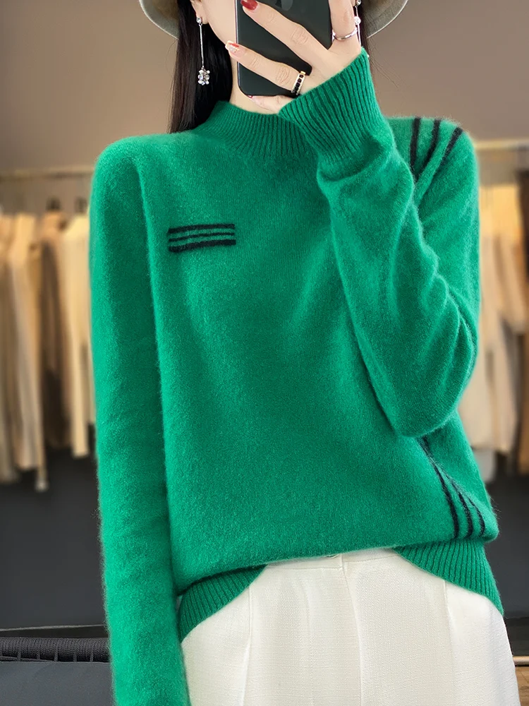 Autumn Winter 100% Merino Wool Women's Sweater Mock-neck Pullover Cashmere Knitwear Clothing Korean Popular Female Jumper Tops