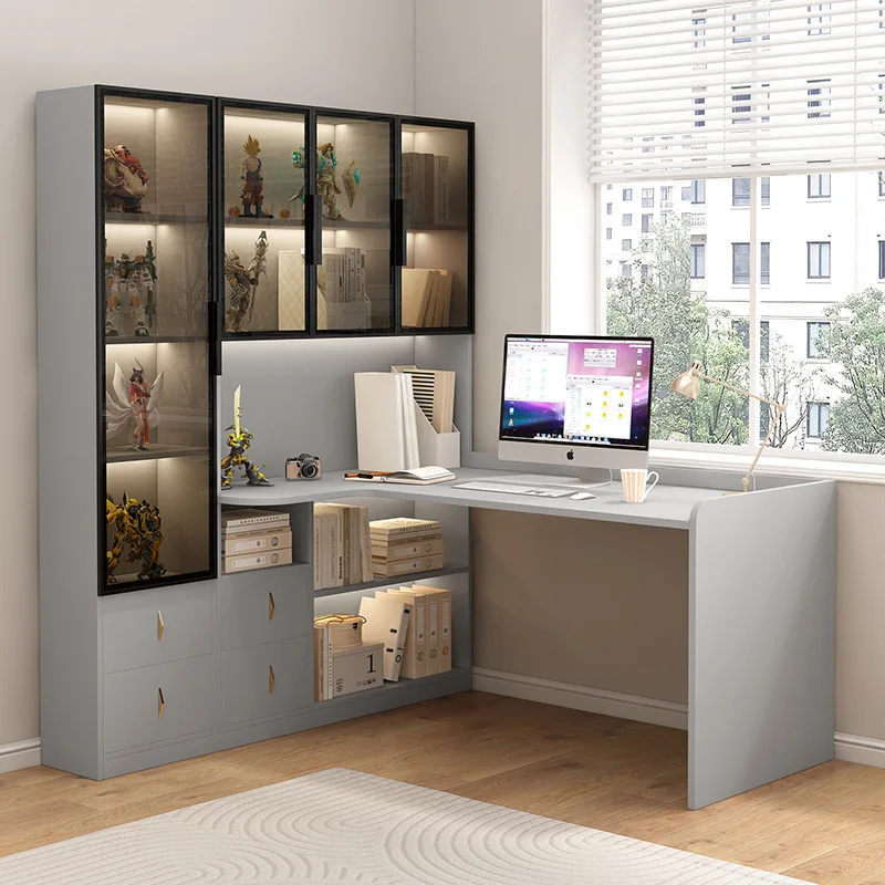 

integrated desk and bookshelf, solid wood light luxury, modern household, desktop computer desk, cabinet combination