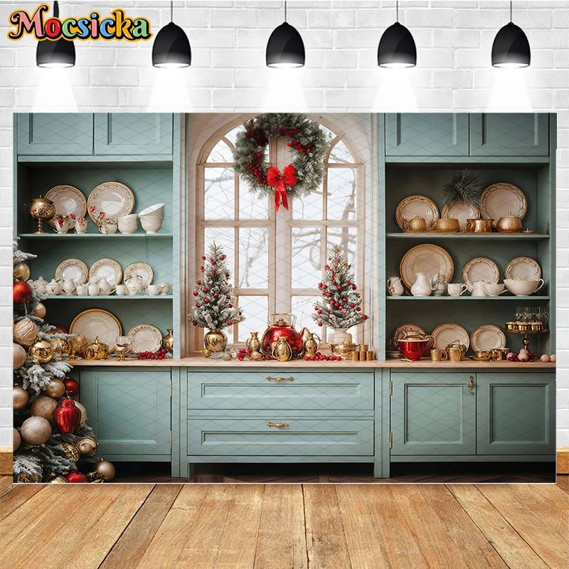 Mocsicka Photography Background Winter Christmas Kitchen Cook Window Xmas Trees Kids Family Portrait Decor Backdrop Photo Studio