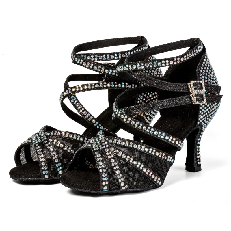 Sepatu Dansa Latin 2025 Sepatu Dansa Bersol Lembut Bertabur Berlian Hitam 7.5Cm Hak Sedang Wanita Dewasa Baru
