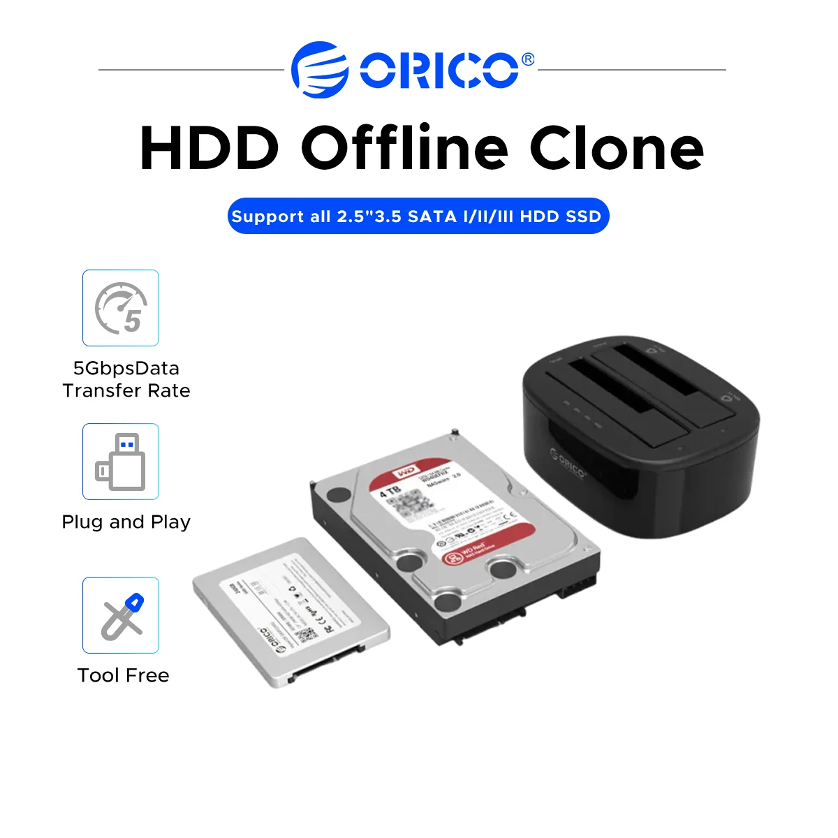 ORICO Dual Bay USB3.0 Hard Drive Dock Offline Clone 36TB Storage For 2.5/3.5" SATA HDD SSD Gaming File Backup