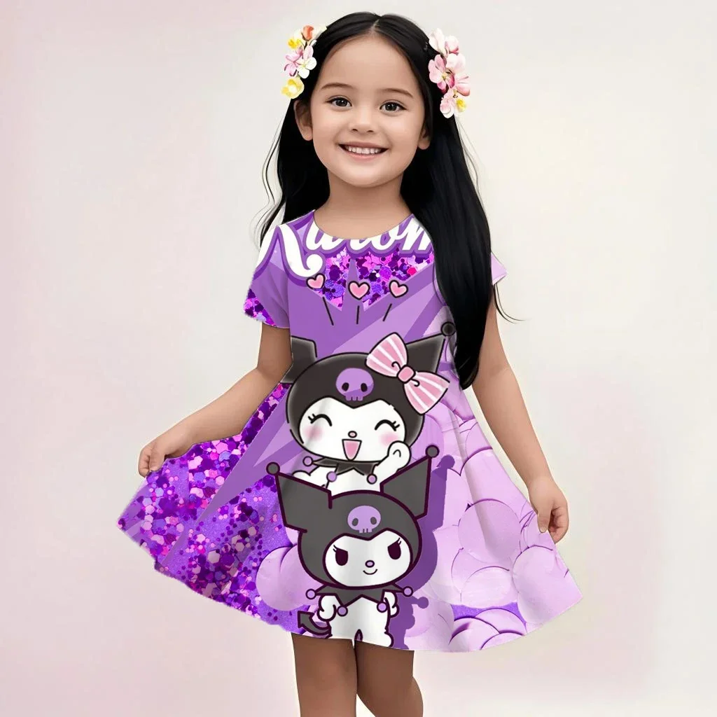 

Kuromi Summer Girls Skirt Short Sleeved Dress 3d Printed Cartoon Cute Children's Fashion Mnso Breathable Clothing Party Trend