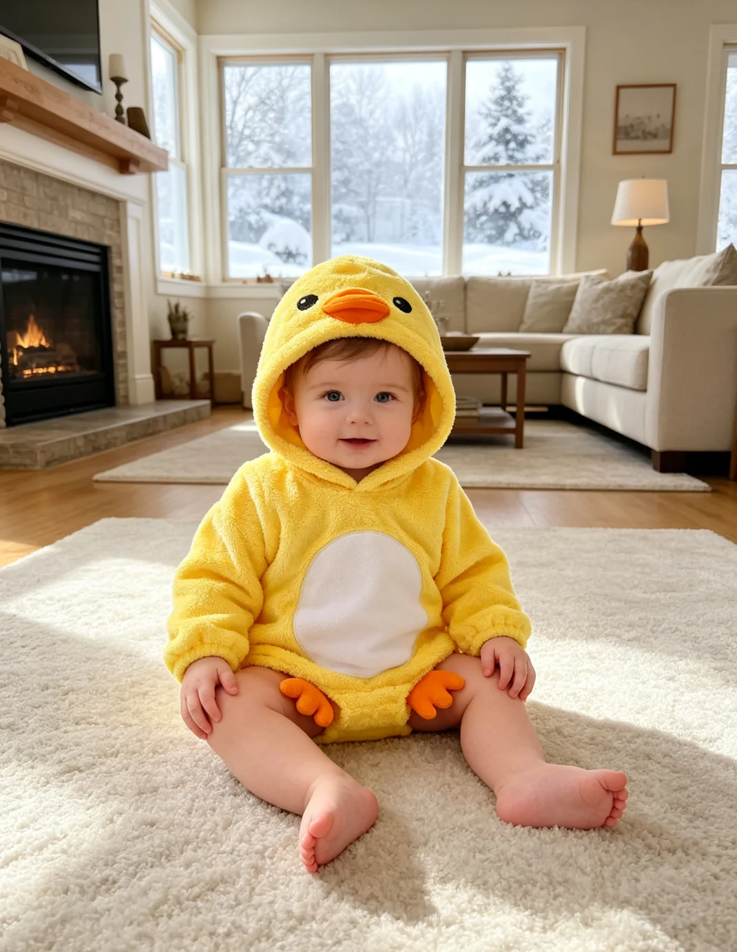 0-18M Baby Yellow Duck Outfit Soft Fuzzy Hooded Romper with White Belly Patch Orange Pants Infant Cosplay Costume for Boys Girls