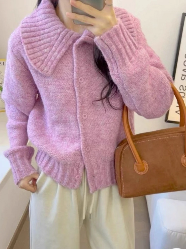 Autumn and Winter Collar Knitted Cardigan Women's Lazy Style Soft and Sticky Sweater Jacket  Alpaca Velvet Long Sleeved Top