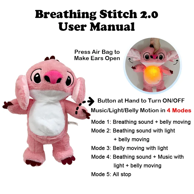 4 Modes Stitch Baby Sleeping Companion Sound Soothing Musical Plush Toy With Air Bag And Light Doll Kawaii Breathing Toys Gifts