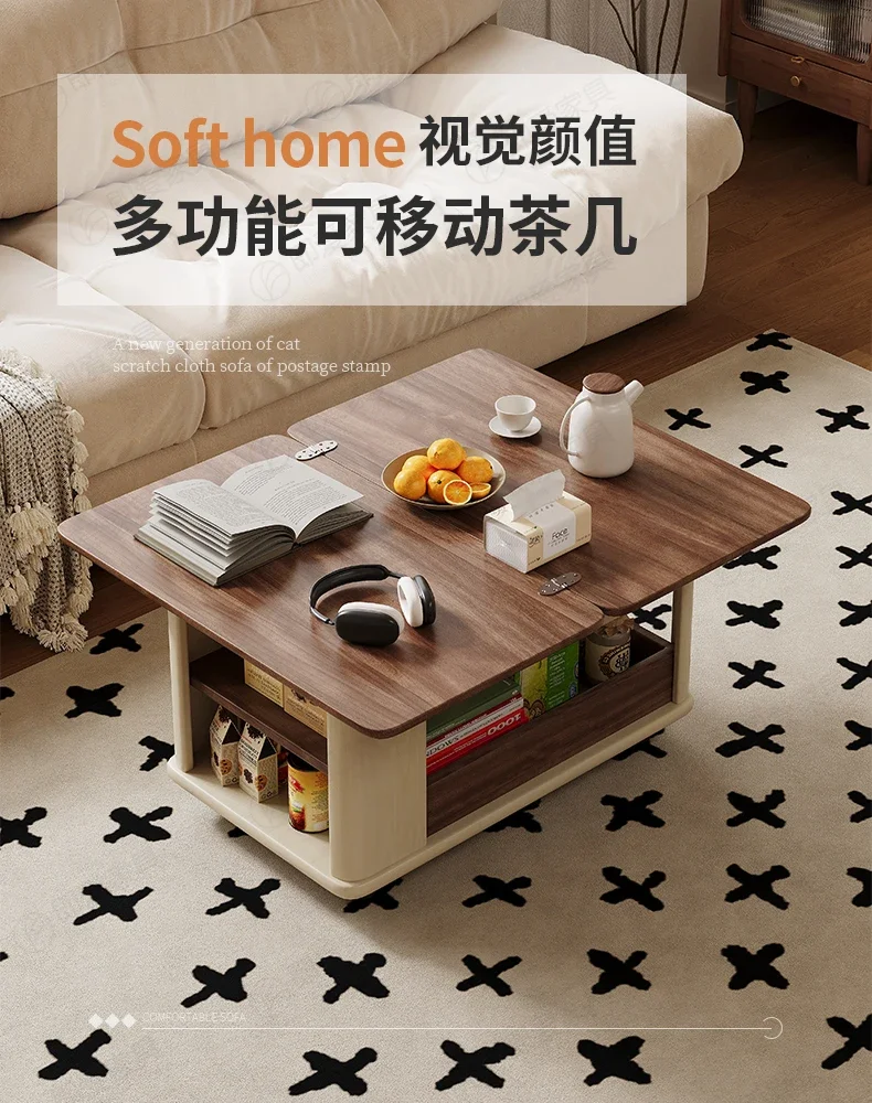 

Mobile coffee table Solid wood trolley Multifunctional folding small apartment Medium and ancient style edge