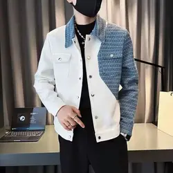 Korean Trend Fashion Autumn Winter New Jackets Men Lapel Contrast Color Pockets Button Patchwork Casual Long Sleeve Coats Tops