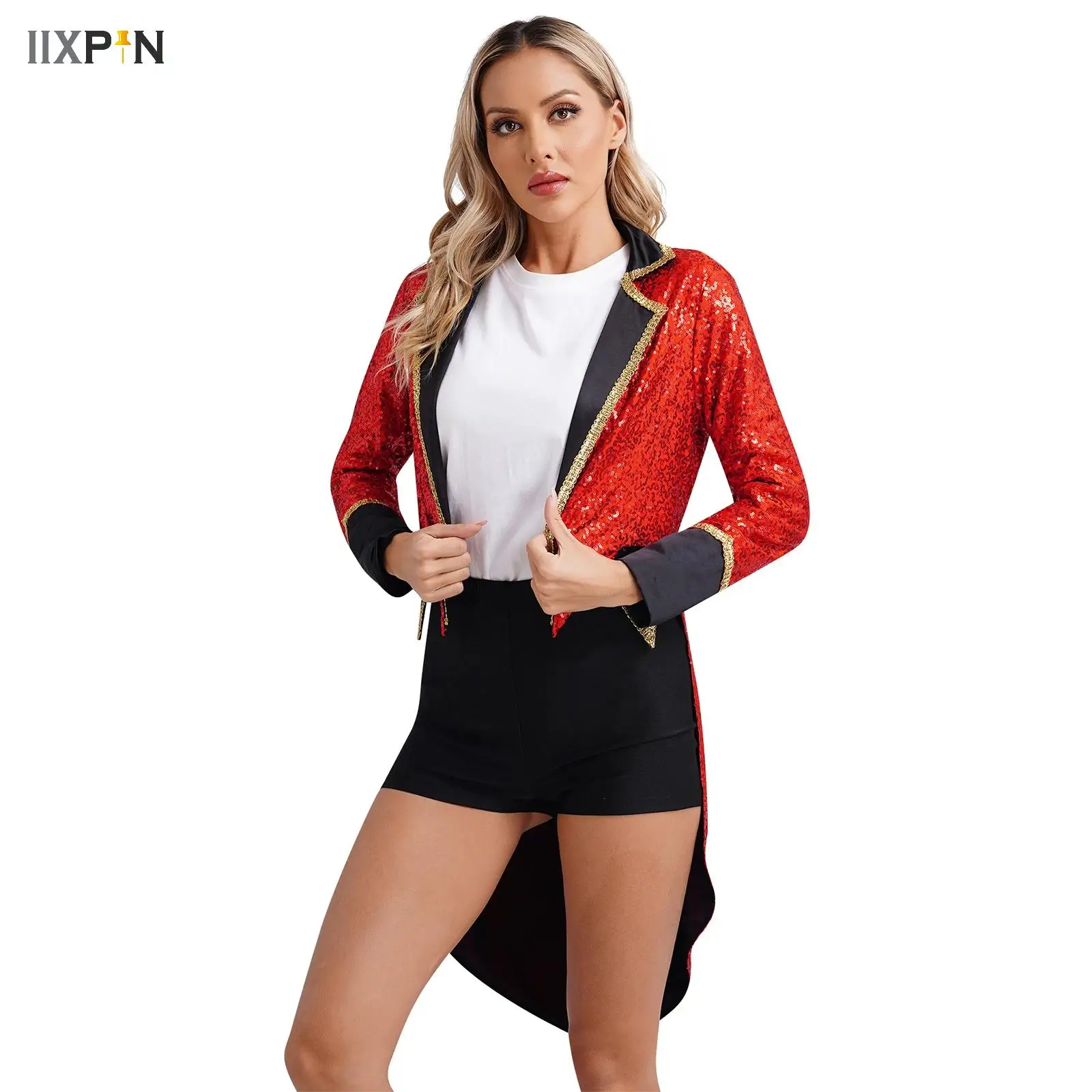 

Womens Circus Ringmaster Cosplay Performance Costume Halloween Party Shiny Sequins Renaissance Gothic Jacket Magician Tailcoat
