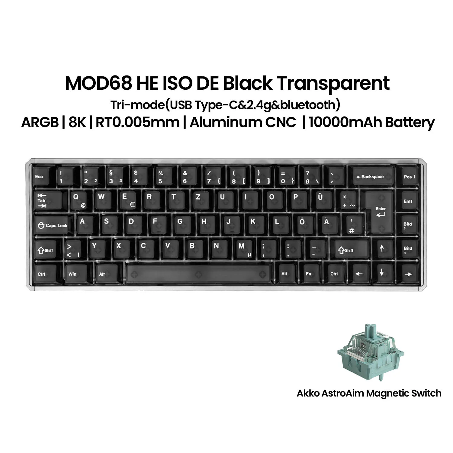 Akko MOD68 HE Tastatur ISO UK/DE/FR Layout 65% Magnetischer Schalter Schnellauslöser 0,005mm 8K ARGB Anpassbare Gaming Mechanische Tastatur