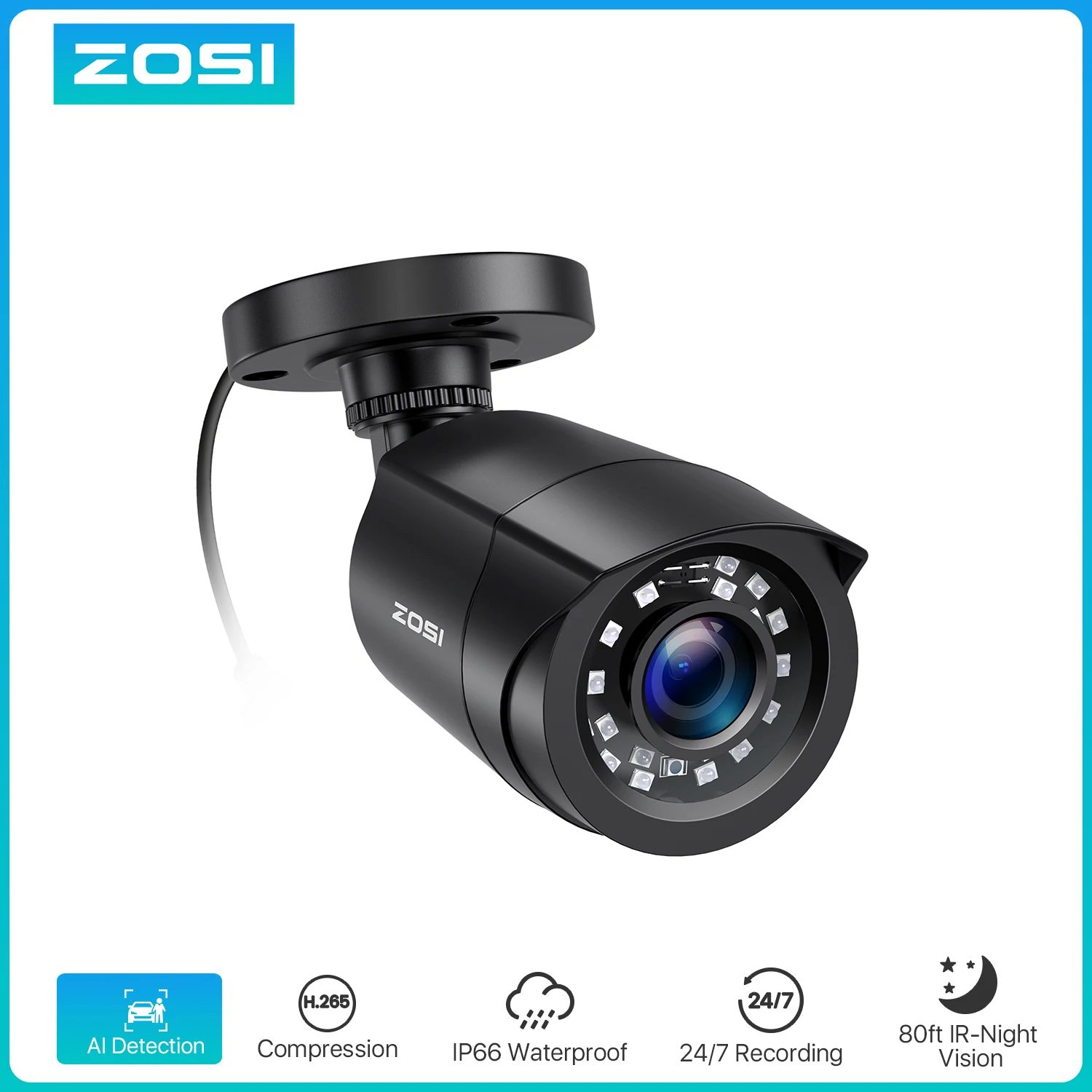 ZOSI 1080P 4-in-1 CCTV Security Camera ,3.6mm Lens 24 IR LEDs,80ft Night Vision ,Outdoor Whetherproof Surveillance Camera