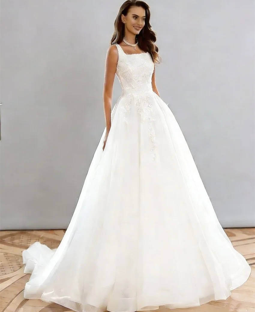 Customized Elegant A-line Lace Appliques Tulle Wedding Dresses Square Collar Sleeveless Bridal Dress Bride Gown Robe De Mairee