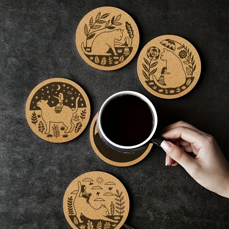 4pcs Natural Wooden Mat Cork Coaster Engraved Lovely Cat Girl Pattern Coffee Cup Mug Drinks Holder Tableware Round Drink Coaster