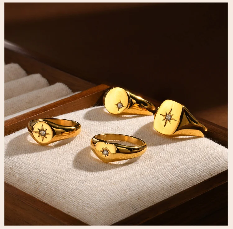 Sunshine Signet Pinky Ring aus Edelstahl, Zirkonia-Inlay-Ring vergoldet, nicht anlaufender Modeschmuck – Detail 6