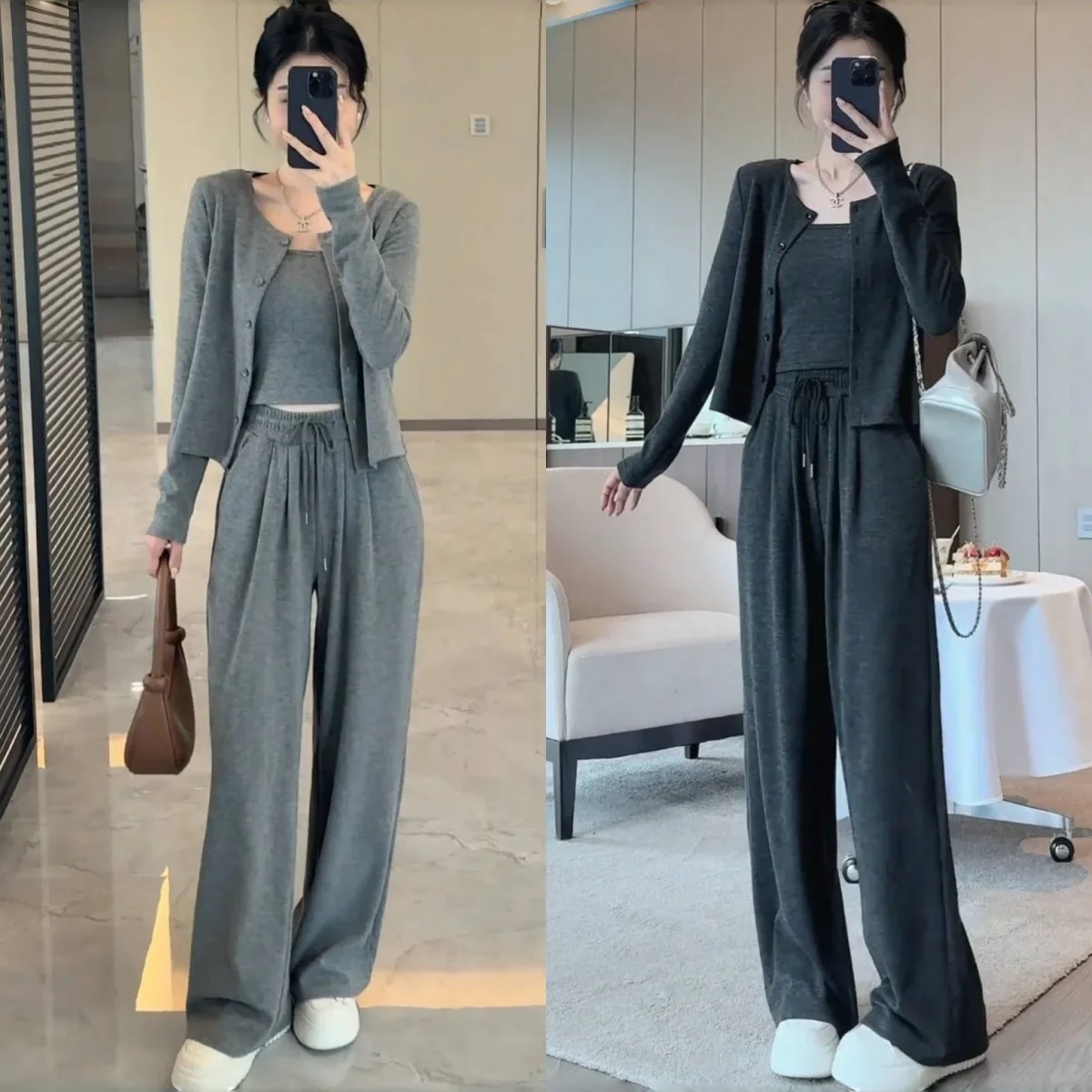 Casual Lazy Wind Relaxed Sense of Leisure Suit Women Autumn Winter 2024 New Loose Cardigan Halter Wide Leg Pants Three-piece Set