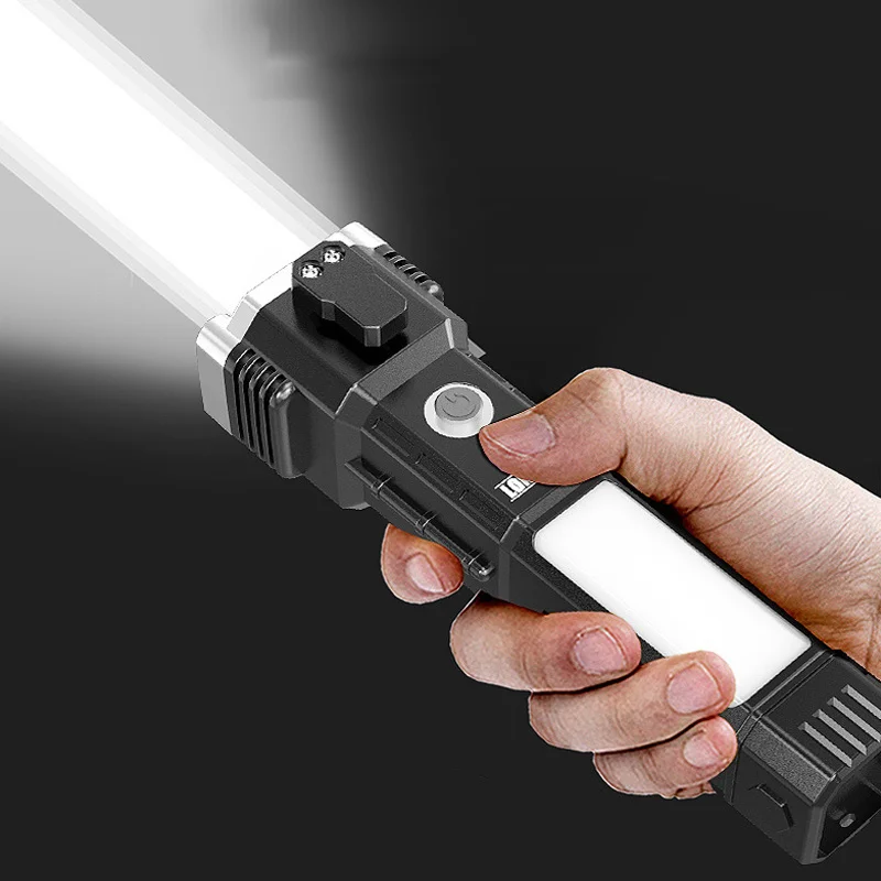 Powerful COB LED Flashlight Car Torch Safety Hammer Super Bright LED Strong Magnet Side Light Outdoor Emergency Adventure Torch