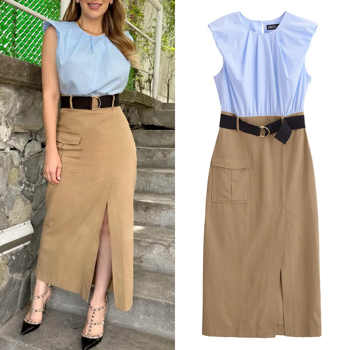 

TRAF Women's Belted Long Dress Pleated Midi Dress Women's Contrast Color Midi Sleeveless Dress Street Casual Dress 2024 Summer