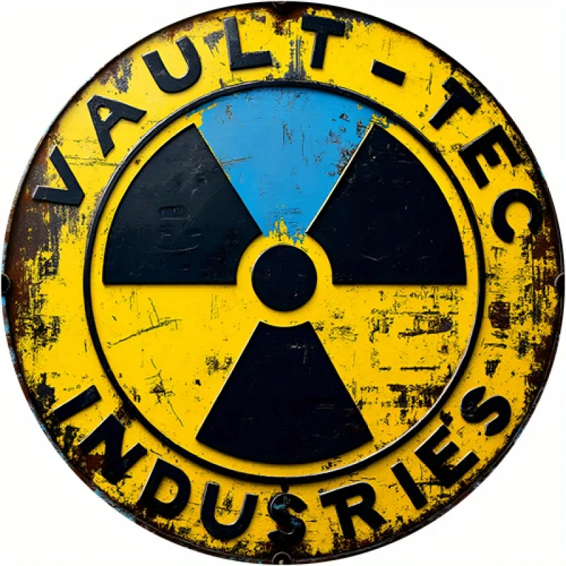 Vintage Retro Metal Tin Sign - Round Iron Wall Art with Vault-Tec Logo & Radiation Symbol, Pre-Drilled Holes for Easy Hanging