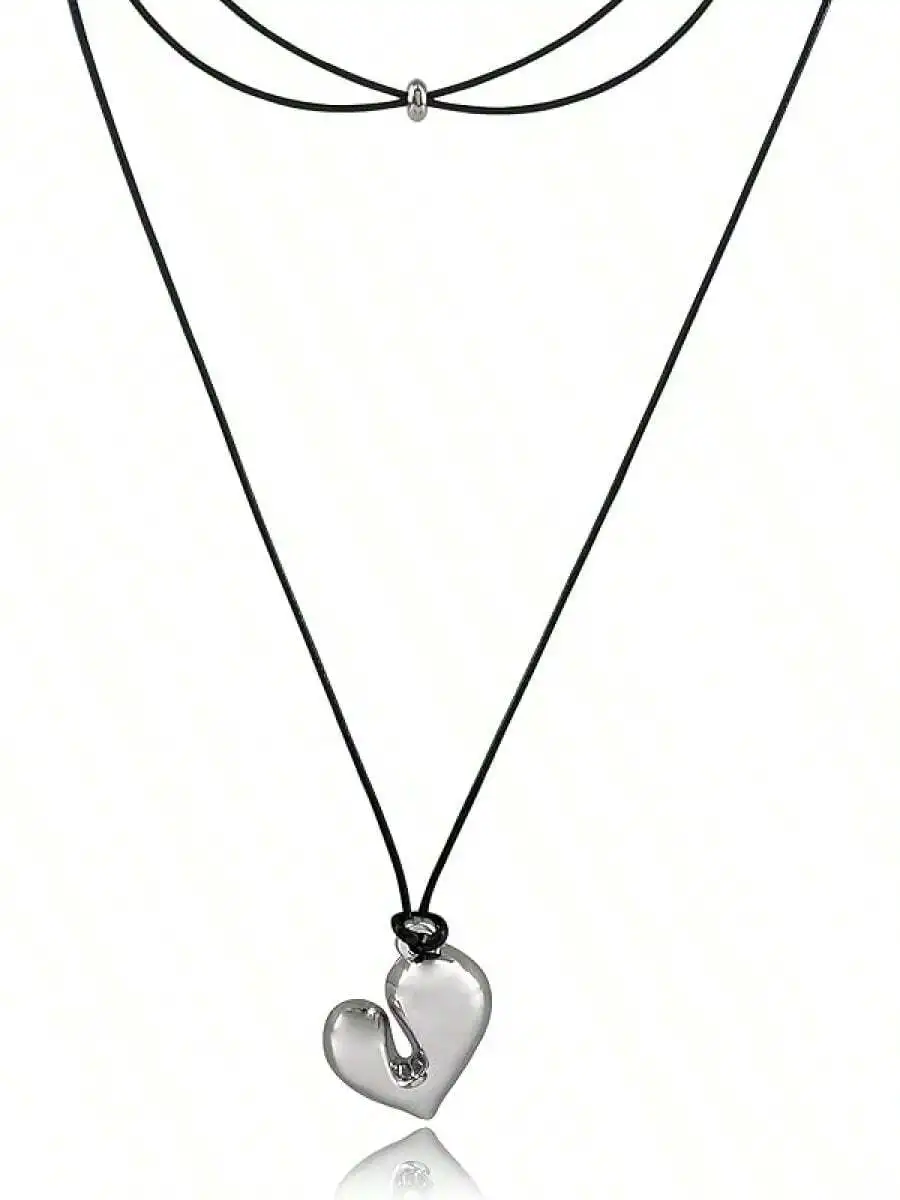 

Layered Black Cord Necklace with Silver Heart Pendant, Casual Y2K Style