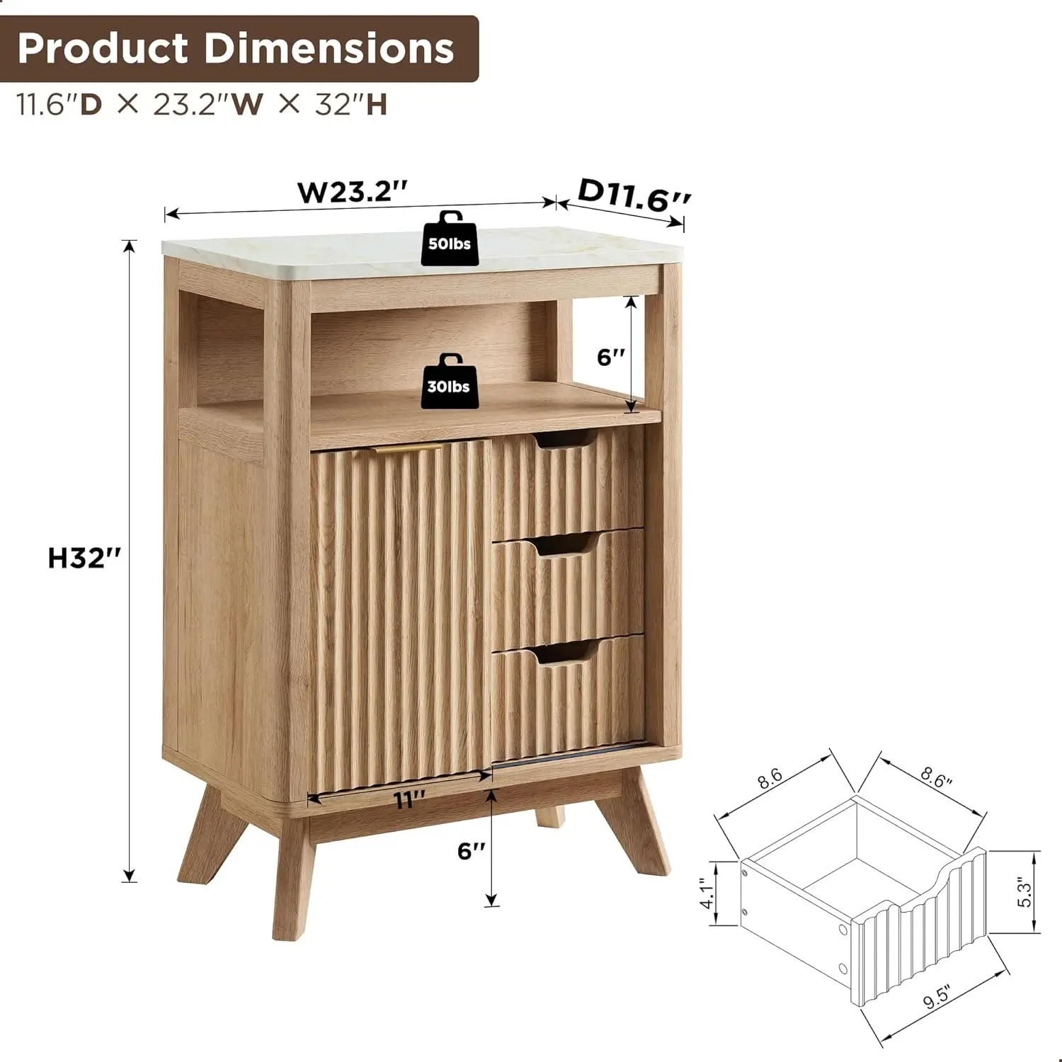 

Bathroom Floor Cabinet with Sliding Door, Modern Fluted 3 Drawers Storage Organizer w/Adjustable Shelf and Faux Marble Top