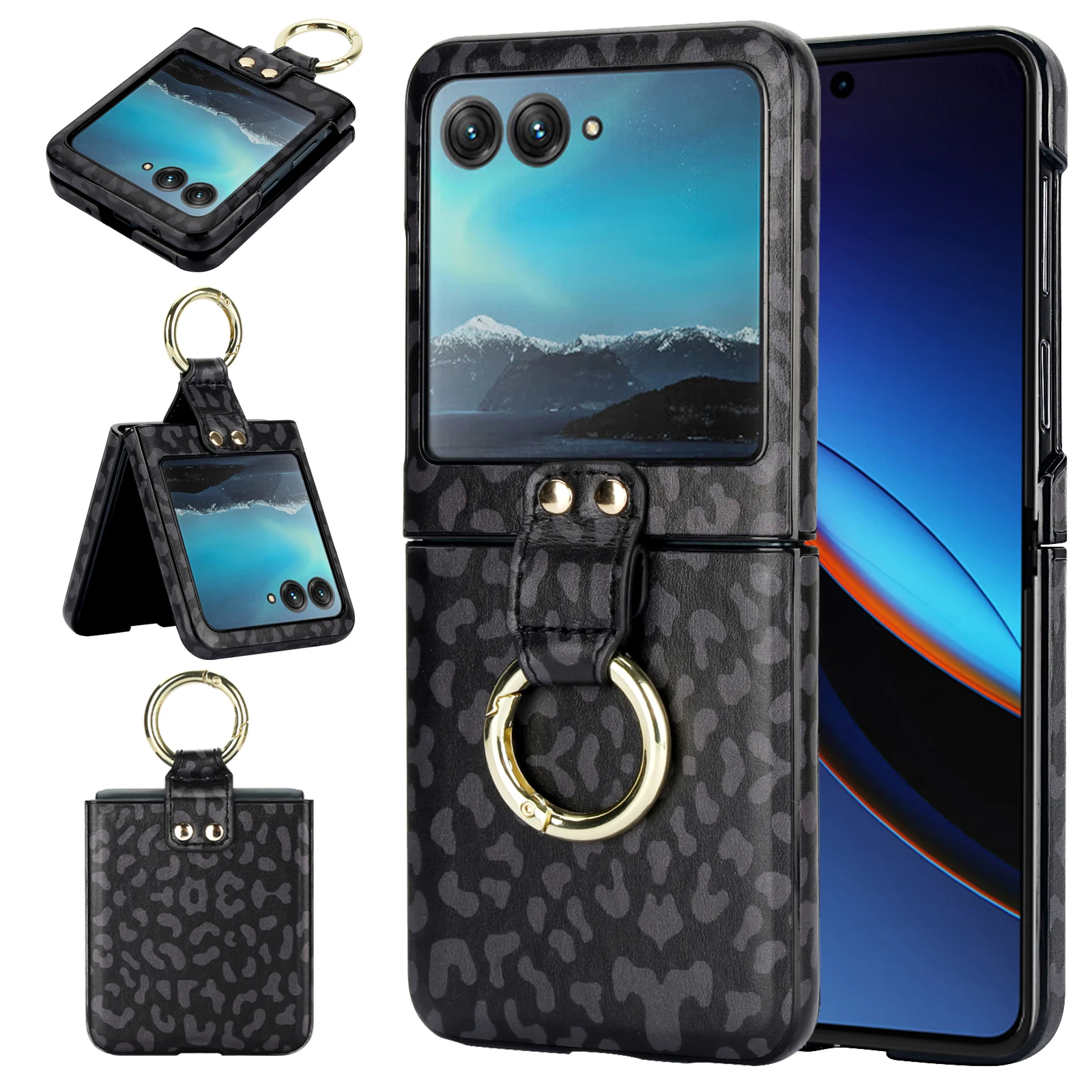 For Motorola Razr 40 Ultra Case Luxury Leopard Print Colorful Leather Pattern Ring Bracket Shockproof Protection Cover Accessory