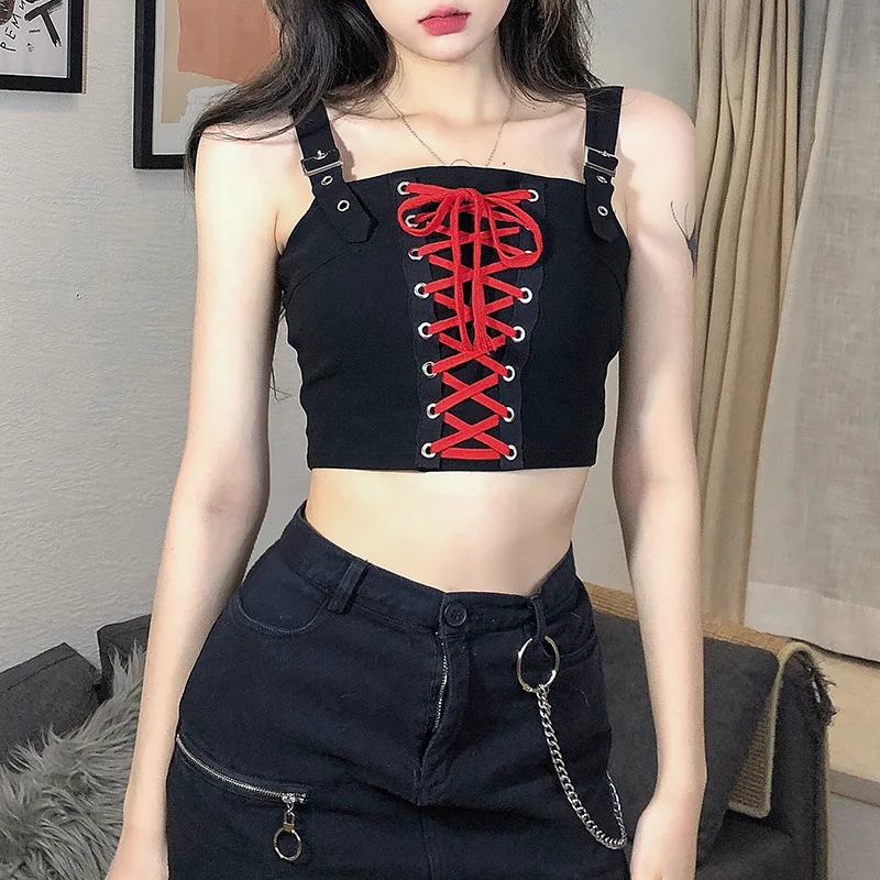 

2023 Gothic Lace Up Crop Tops Summer New Women Dark Sexy Solid Colors Cool Girl Tank Tops Sleeveless Backless PunkStreetwears