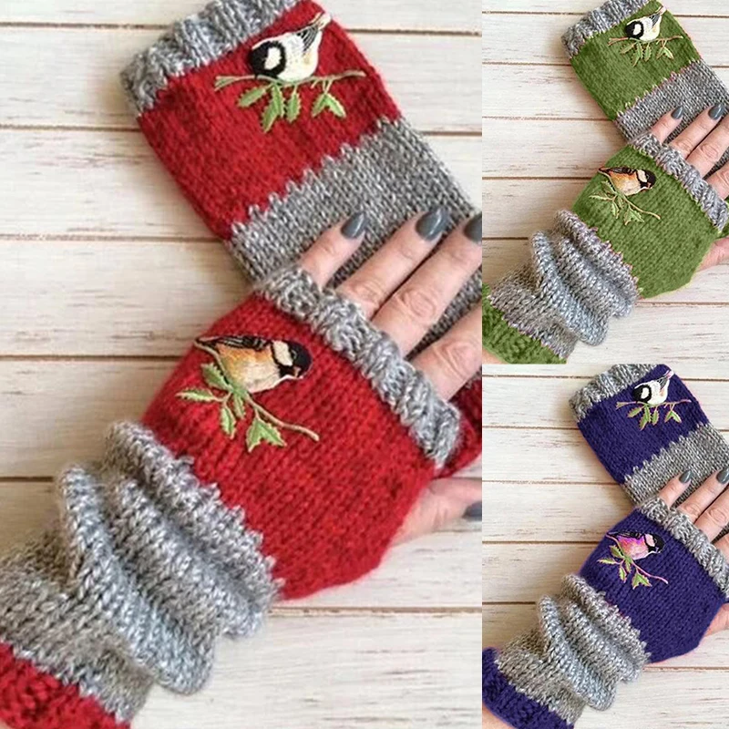 Winter Embroidered Bird Gloves Women Cotton Fingerless Gloves Knit Block Stitching Mittens Women's Fingerless Gloves