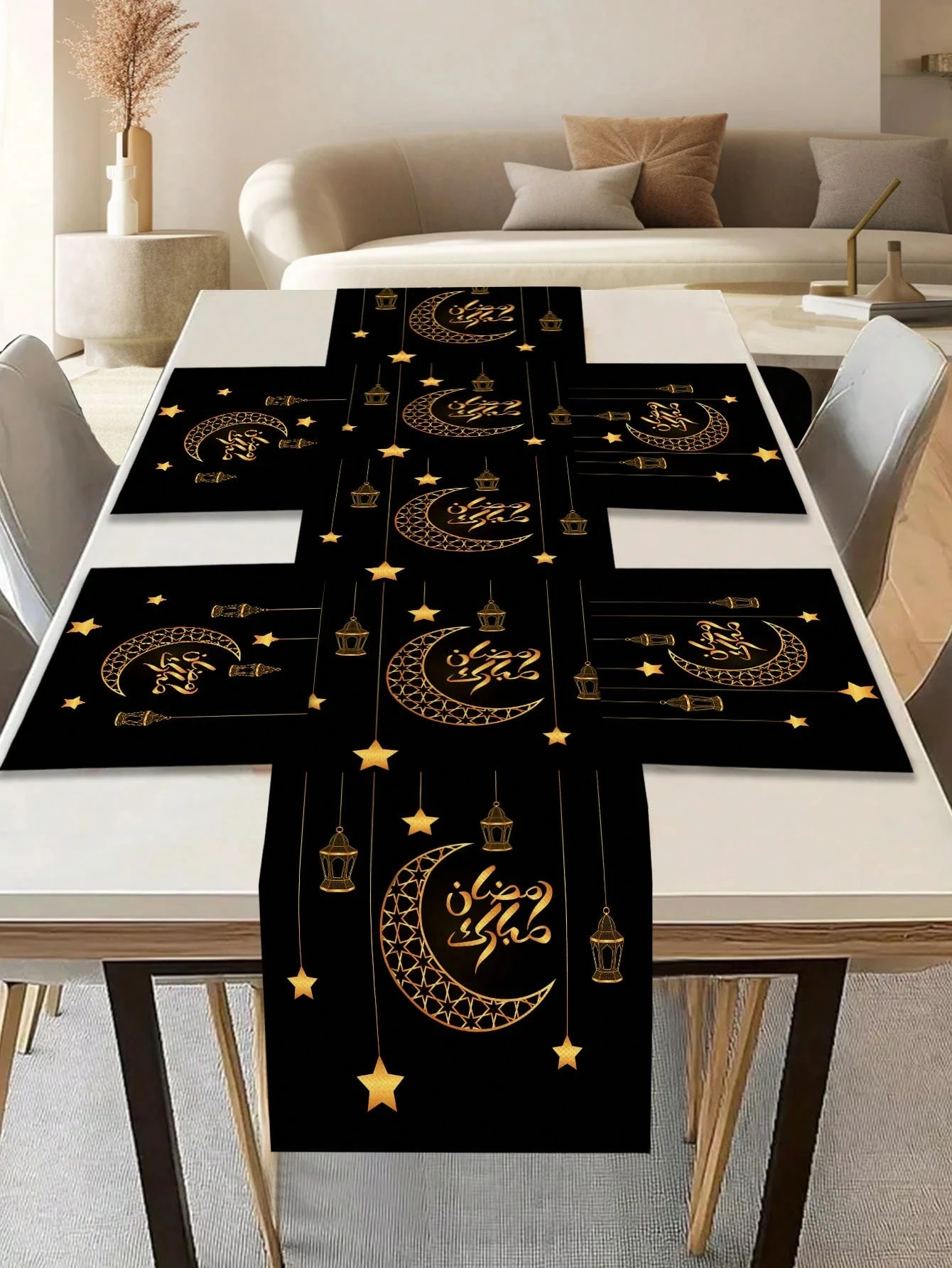1 Stück Eid al-Fitr Mond Stern Laterne Leinen Tischläufer 2D-Druck dekorative Tischdecke für Esstisch Küche Wohnzimmer Zuhause