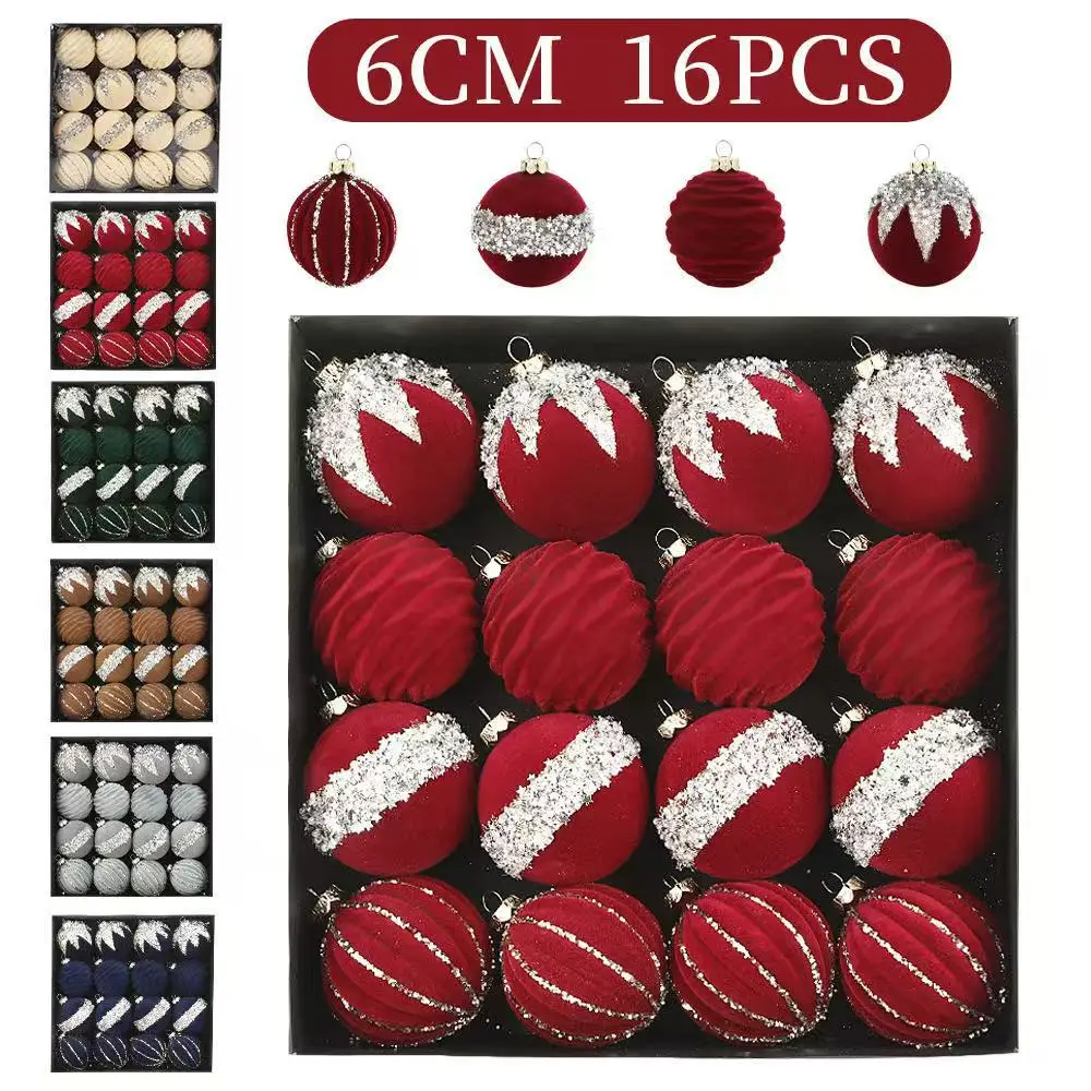 

16pcs Soft Plush Christmas Ball Set With 6cm Tree Pendant Festive Holiday Ornaments For Creating Christmas Atmosphere