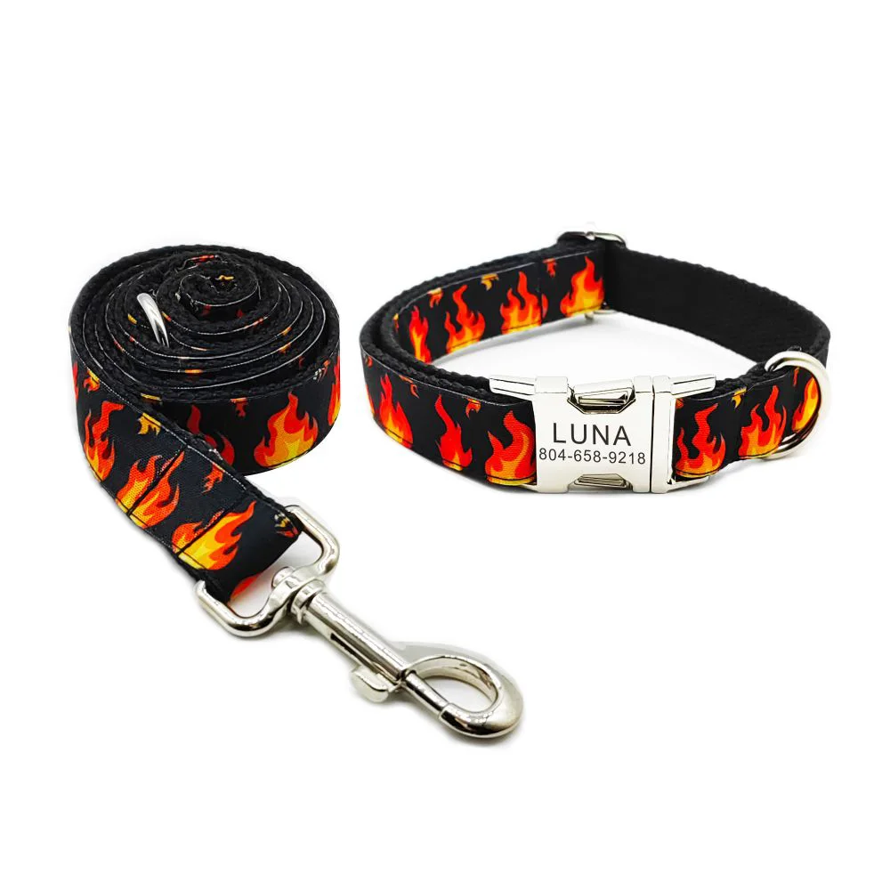 Personalized Fire Pattern Pet Collar Custom Puppy ID Tag Adjustable Cat Accessory Black Fire Basic Dog Collars Leash