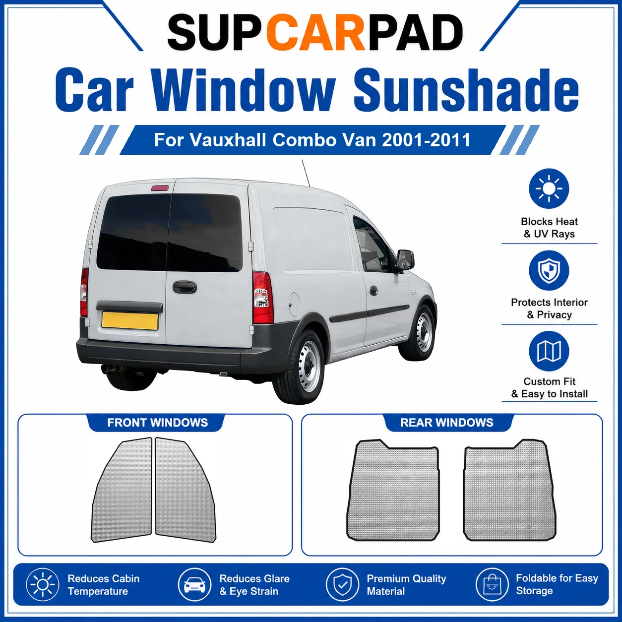 Для Vauxhall - Vauxhall Combo Van 2001-2011: Полный комплект солнцезащитных шторок для окон автомобиля, блокирующих УФ-излучение, обеспечивающих конфиденциальность, теплоизоляцию, складные автомобильные шторки