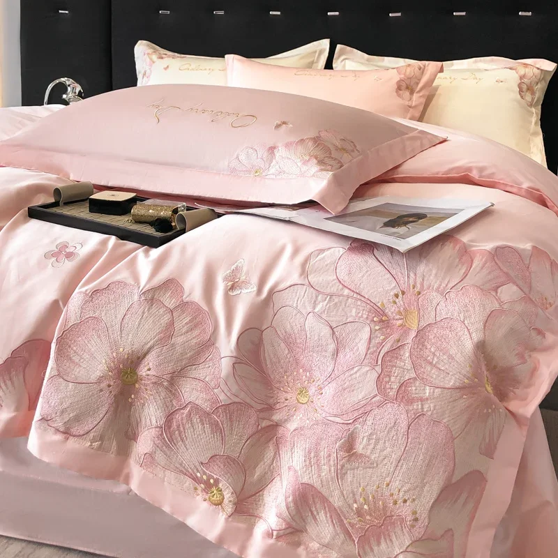 

Four-piece set of pure cotton flower embroidery new light luxury high-end bed sheet quilt cover bedding Chinese-style household