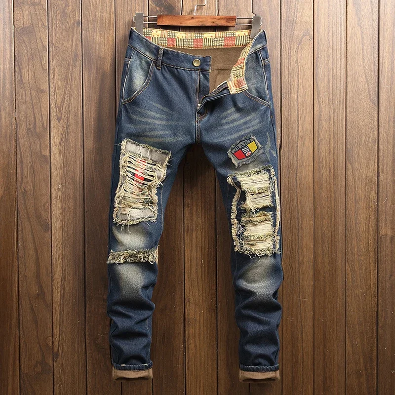 Winter New Distressed and Plush Jeans for Men, Thickened Trendy Brand Embroidered Patch Warm Pants