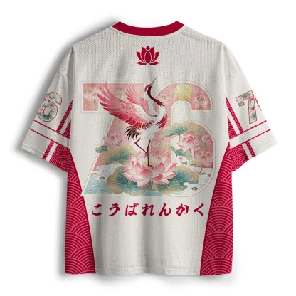 V Neck Mesh Short Sleeve Jersey, Chinese Style Red-crowned Crane And Lotus Print Tee, Oriental Art Casual Loose Top
