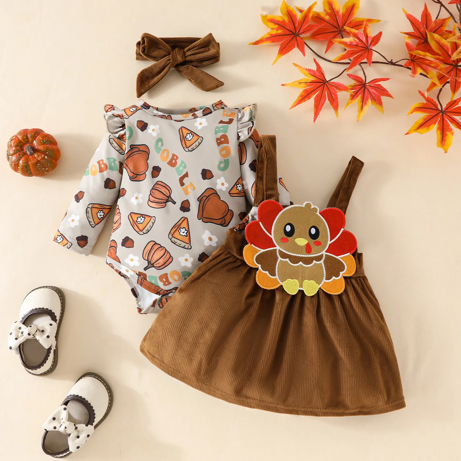 

Baby Girls Thanksgiving Set Ruffled Long Sleeve Jumpsuit Turkey Corduroy Overalls Skirt Headband Outfits