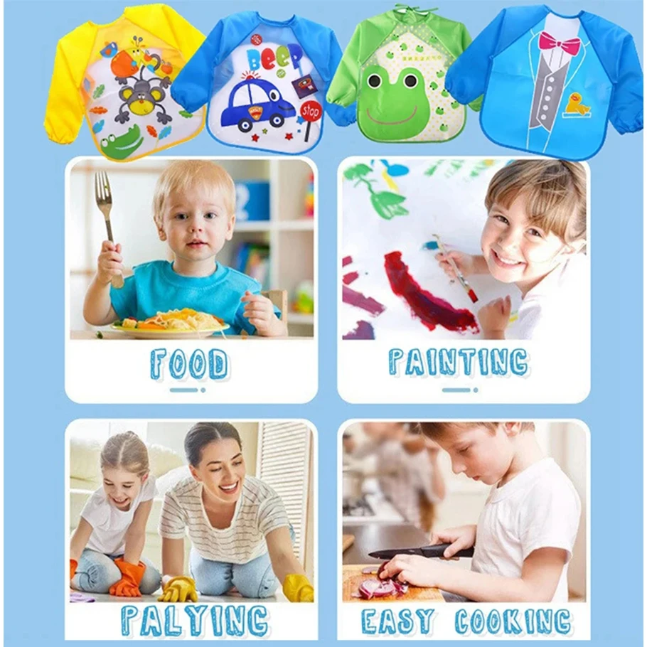 Cute printed baby long sleeved waterproof cover for ages 1-5, suitable for eating, drawing, and playing games