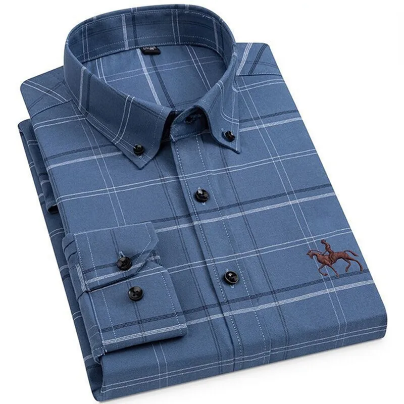 

Shirt Men's Pure Cotton Oxford Embroidered Horse Casual Without Pocket Solid Long Sleeve Blue Dress Shirt Men Plus Size 5XL 6XL